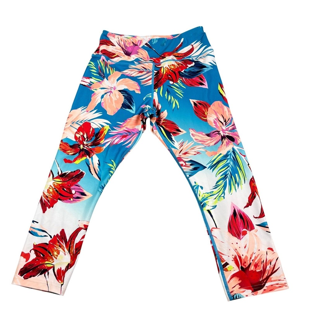 Fila Tropical Floral Athletic Leggings Womens Small Blue Multi Capri Yoga Pants